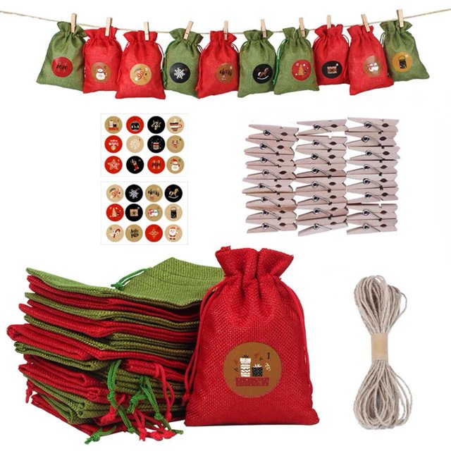 Bolsa de calendario de adviento de navidad, bolso de lino con cordón para colgar en la pared, con Clips, letrero de madera, cuenta regresiva de navidad, 24 unidades, 2022