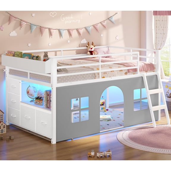 Afuhokles Low Loft Bed Twin Size with Tent, 5 Storage Drawers, LED Lights, Metal Loft Bed with Bookcase, White