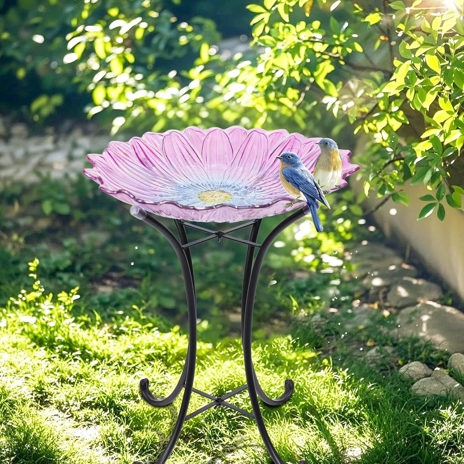 Outdoor Bird Bath, Pink Blue Flower Bird Bath with Metal Stand, Attract Birds, Suitable for Patio Garden Decoration, Outdoor Decoration