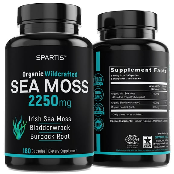 Organic Sea Moss Capsules 2250mg Wildcrafted Irish Sea Moss Burdock Root Bladderwrack Supplement Super Food Immune Support Prebiotic Thyroid Gut Skin & Joint Health Raw SeaMoss Pills & Powder 180ct