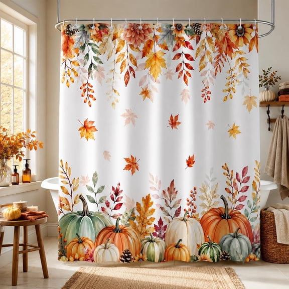 Autumn Pumpkin Shower Curtain Watercolor Fall Maple Leaves Bath Curtain with Hooks 71x71 Inches