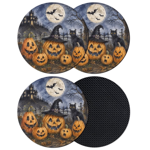 Halloween Coasters Set of 4, Absorbent Coasters for Drinks, Fall Spooky Pumpkins Cats Bats Haunted-House Rustic Coaster for Desk Coffee Table Protection, Home Decor House Warming Gifts 4"