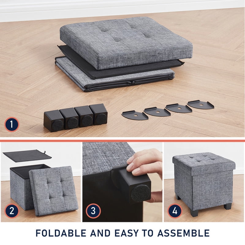 Ornavo Home 15 Inch Folding Storage Ottoman with Storage, Square Cube Linen Small Storage Ottoman Foot Rest Stool with Legs