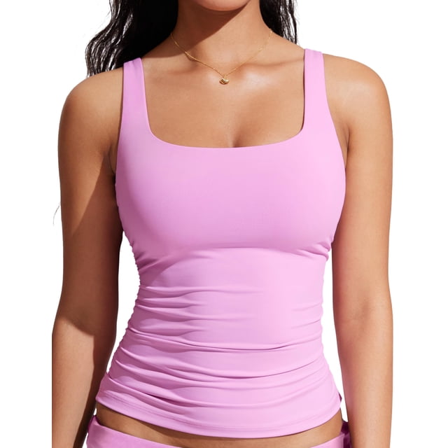 Top Tankini CRZ YOGA Cuello Cuadrado con Relleno y Fruncido Rosa Talla L
