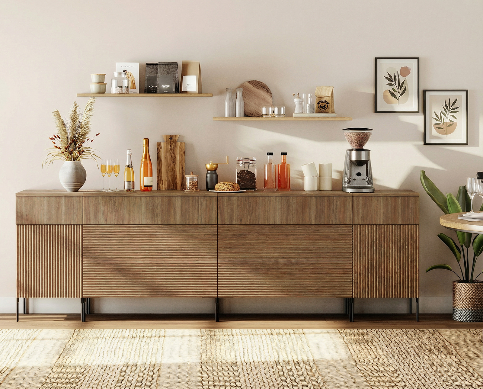 94.5" Wooden Reeded Sideboard with Built-in Charging Station, 4-In-1 Modern Credenza Storage Cabinet for Kitchen, Dining Room