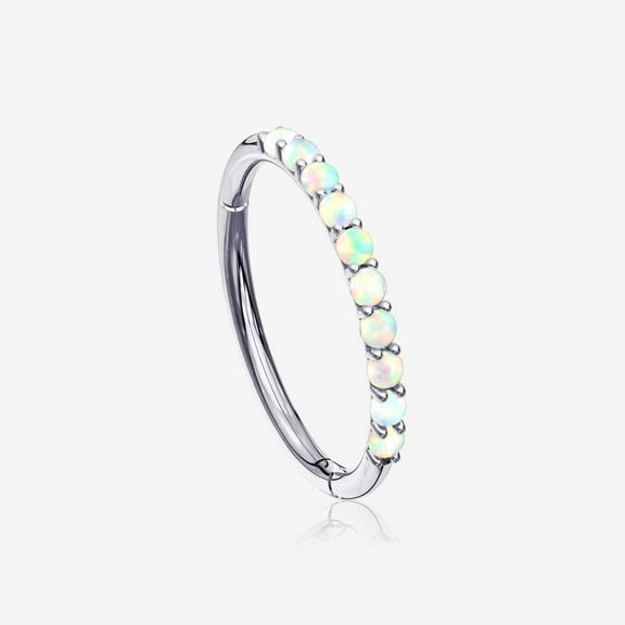 14 Karat White Gold Fire Opal Sparkle Lined Clicker Hoop Ring