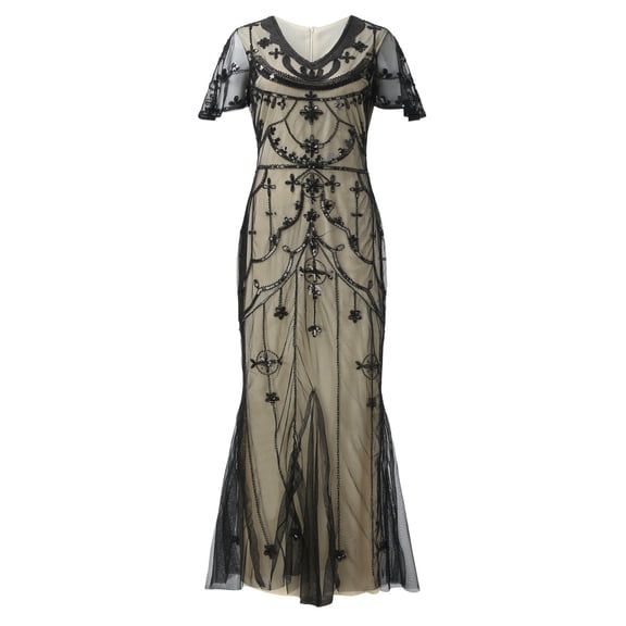 Wdgfv Women's Flapper Dress 1920s V-Neck Evening Gown Sequin V-Neck Floor Length Fringe Formal Attire For Fall Winter Galas Beige XXXL