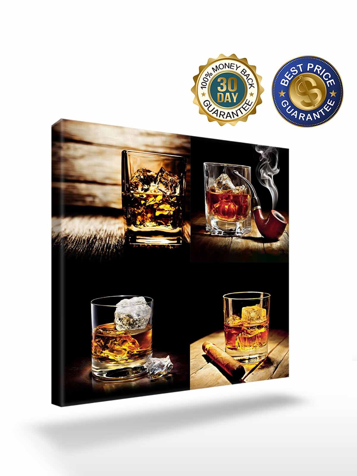 Whisky Glass Canvas Wall Art, Wine Cigars Old Wood Grain Ice Cubes Framed Wall Decor Modern Artwork Prints Painting for Living Room, Bedroom, Kitchen & Cafe Decor 28x28 Inch