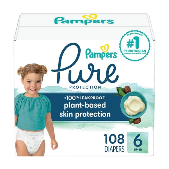 Pañales Pampers Pure Protection, talla 6, 108 unidades, un mes