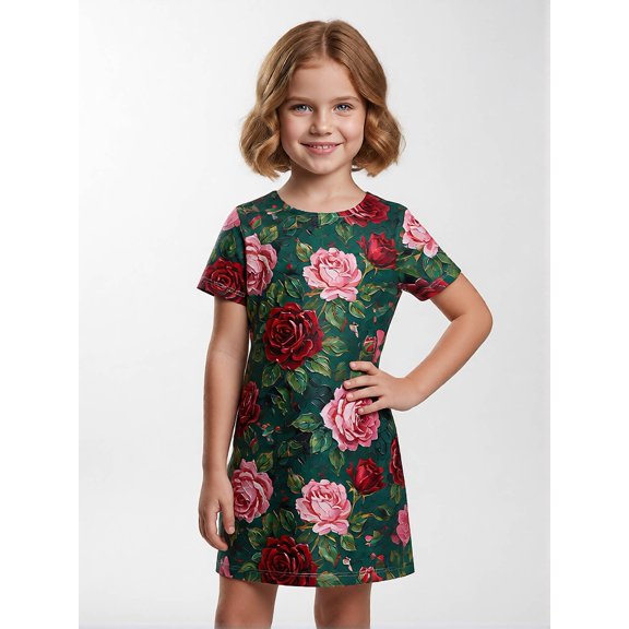 Girls Active Fashion Short Sleeve Summer Dress Comfort-Fit Crewneck Casual Dress for Girls Age 5-13