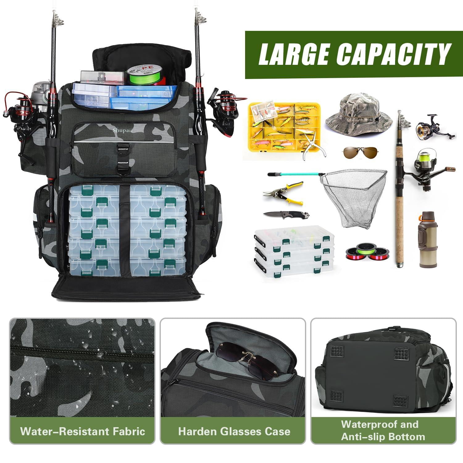 Fishing Backpack With Rod Holders  45l Large Water-resistant Tackle Box Gear Gifts For Men -camouflage