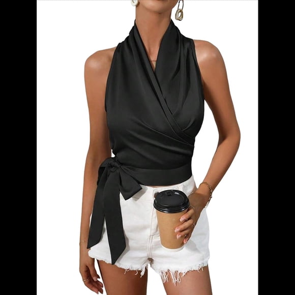 Blusa de Satén para Mujer, Cruzada, con Cuello en V, Sin Mangas, con Lazo Lateral, Elegante Top Corto de Verano. Negro XL