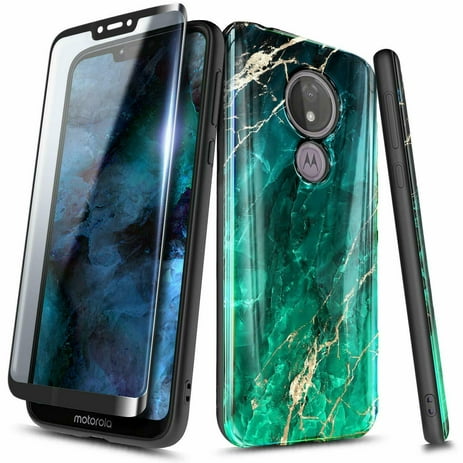 For Motorola Moto G6 Case, with Tempered Glass Screen Protector (Full Coverage), Ultra Slim Thin Glossy Stylish, Gold Glitter Marble Design Phone Cover - Emerald