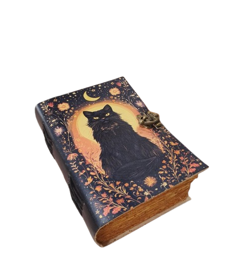 Handmade Black Cat Leather Journal 5x7” – 200 Pages Vintage Handmade Paper | Locking Notebook | Witchy Gifts | Festival & Holiday Gift Ideas