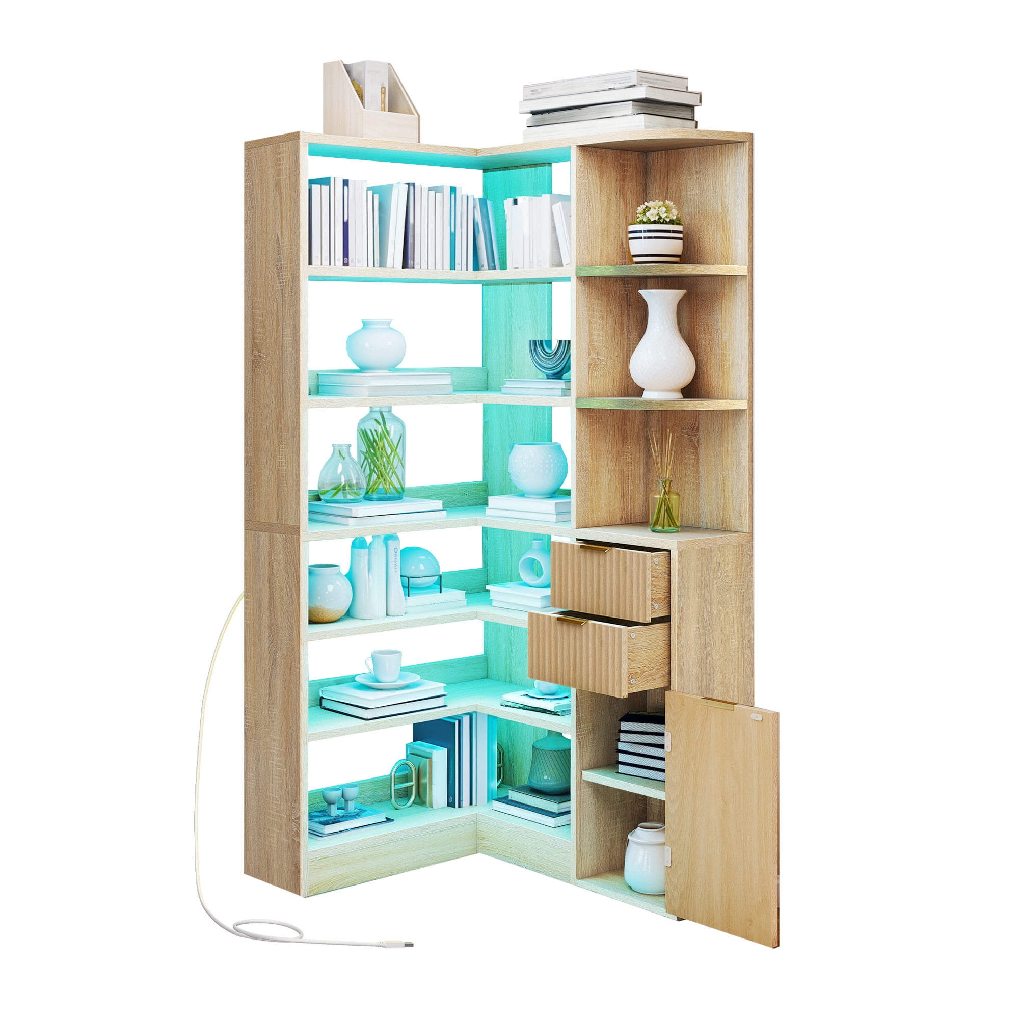 Uforic 6-Tier Corner Bookshelf with 2 Drawers, Modern Tall L Shape Bookcase with LED Light & Storage, Oak