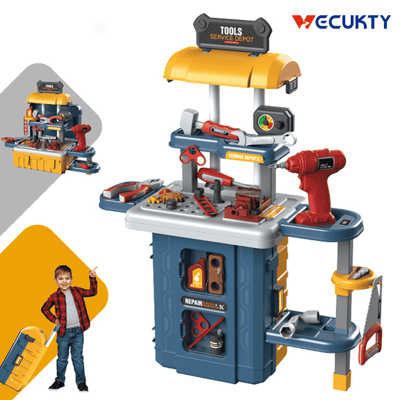 Vecukty Play Tool Set for Kids, Kids Tool Toy with Realistic Lights and Sounds, Simulation of Spray, 46Pcs Toys Kitchen Set for Toddlers Girls Boys Gift