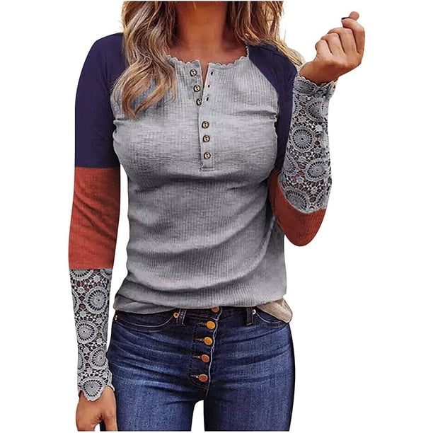 Blusa de encaje con cuello en V y manga larga estampada para mujer Fridja fhghd2091