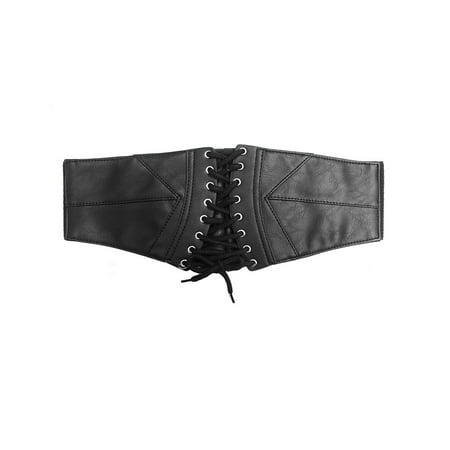 NYFASHION101 Women s Black Faux Leather Lace-Up Corset Stretch Waist Belt