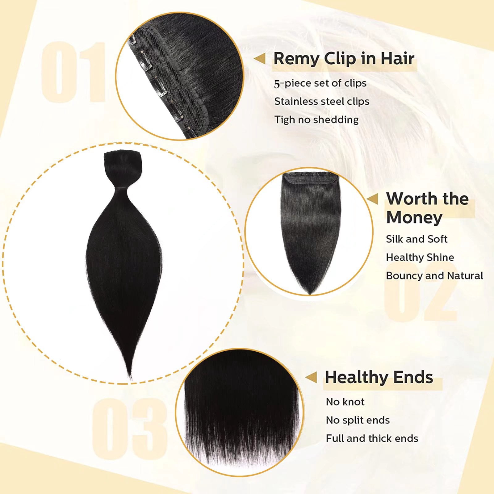 MY-LADY 10''-24'' 5 Clips in Human Hair Extensions Thick Real Natural Hair Pieces 100% Full Head Remy Hair 18inch #01 Jet Black(Heavy)