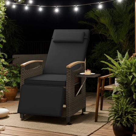 GVN Patio Lounge Chair,Outdoor Chaise Lounge Chair,Patio Wicker Recliner Chair with Adjustable Backrest and Footrest-Black