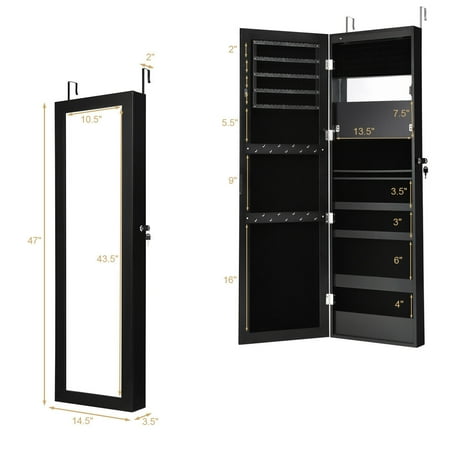 Costway Wall Door Mounted Mirror Jewelry Cabinet Organizer w/LED Lights - Black