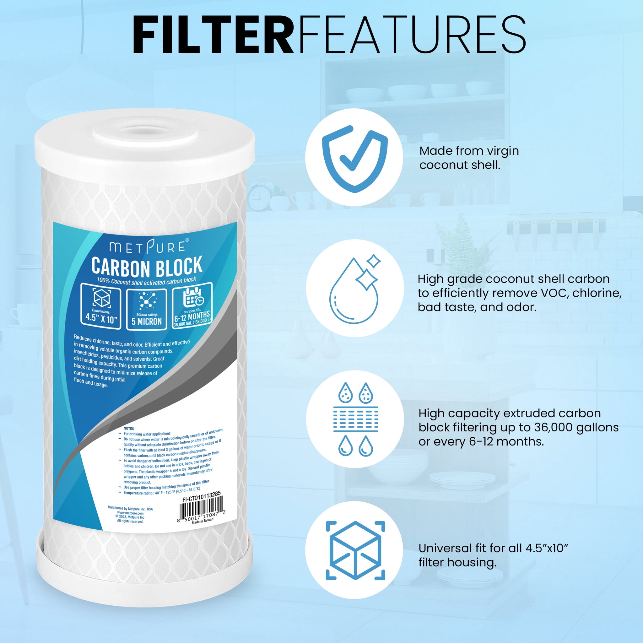 Metpure Universal 5 Micron 10” x 4.5” Whole House Carbon Water Filter Cartridge Replacement - Coconut Shell Carbon Block CTO. Compatible with/Replacement Pentek, Dupont, GE, etc. 2-Pack