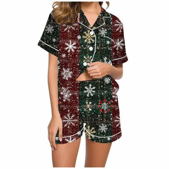 asdoklhq Cotton Pajamas for Women Women Christmas Printed Stand Up Collar Pocket Short Sleeved Top Shorts Home Wear Pajama Set Red L