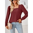 thumbnail image 3 of Square Neck Pleated Shoulder Long Sleeve Textured Blouse for Women Burgundy Medium, 3 of 5