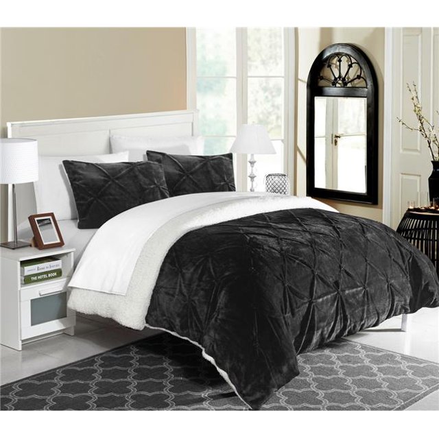 Chic Home CS4803-US Enzo Pincée Plissé Volantée & Sherpa Pincée Doublé X-Long Ensemble de Couette - Noir - Simple - 2 Pièces