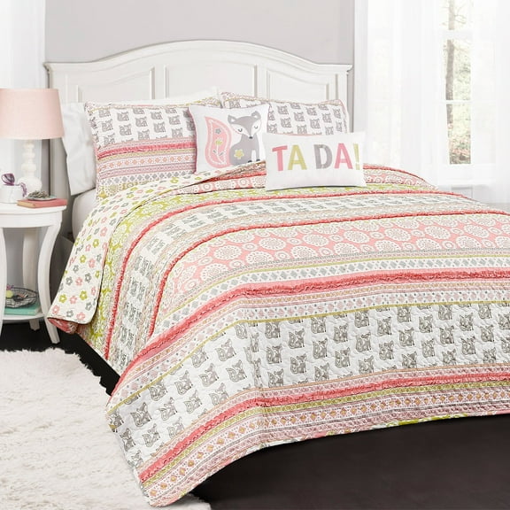 Lush Decor Fox Ruffle Gray and Pink Stripe Kids Quilt Set