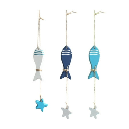 

3pcs Mediterranean Style Small Fish String Pendant Fishing Net Accessories Wooden Fish Hanging Decor for Home Shop (Light Blue Dark Blue White Each One)