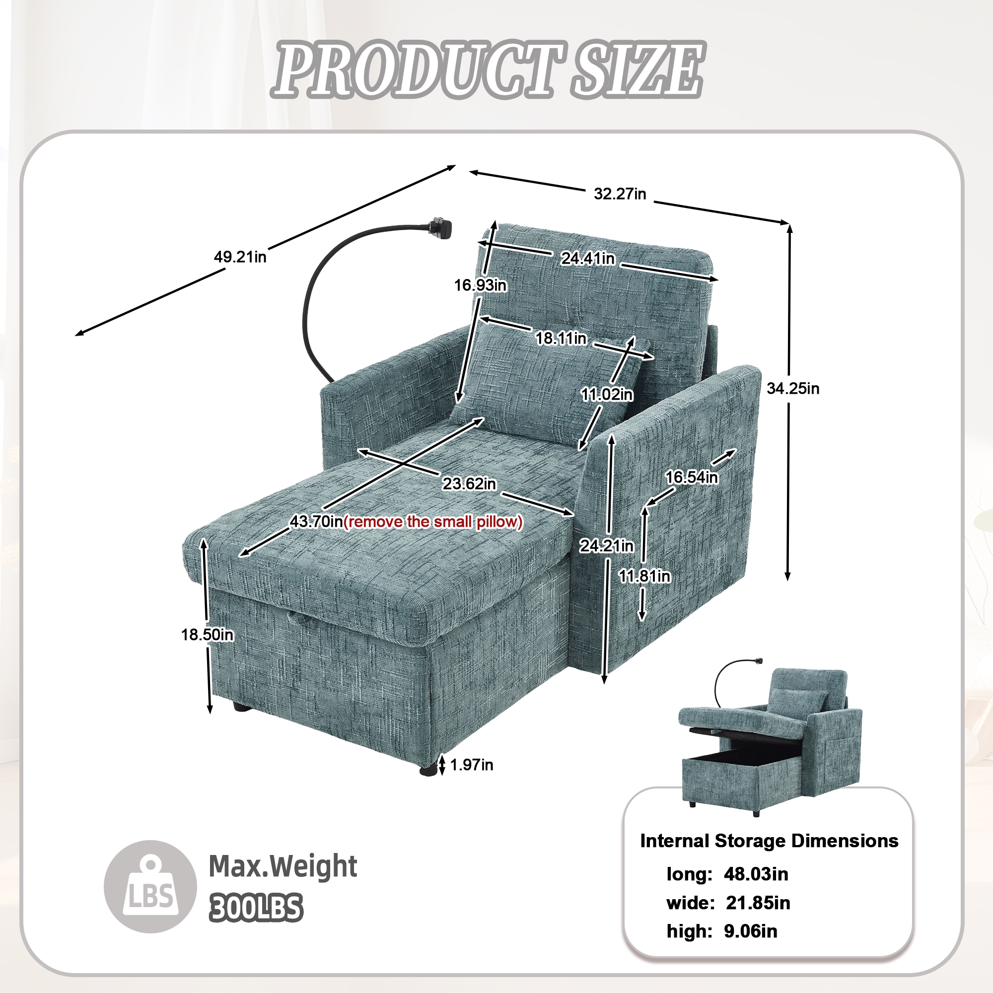 MOONMISS Chenille Upholstered Storage Lazy Single Leisure Chair Sofa with Phone Holder&Side Pocket-Lake Blue