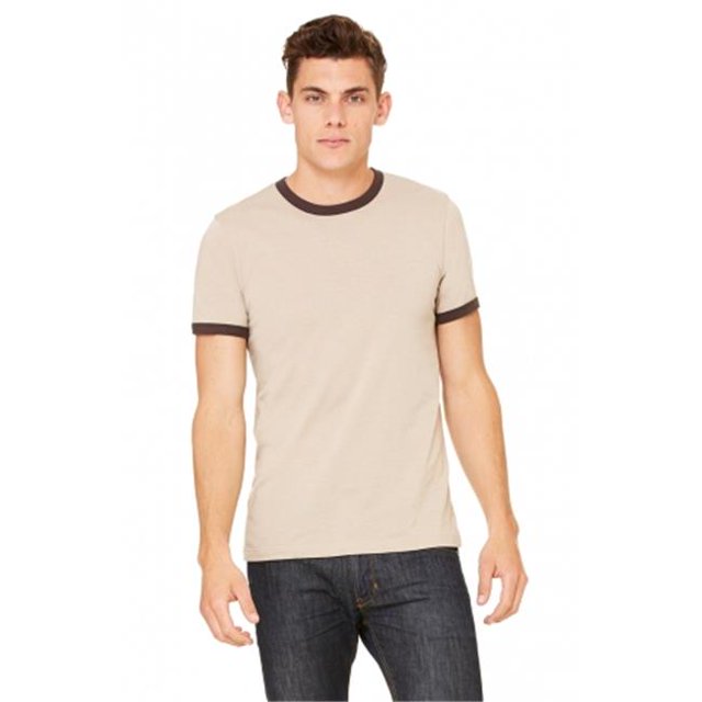 Bella-Canvas C3055 Mens Jersey Short Sleeve Ringer Tee, Heather Tan & Brown - Large