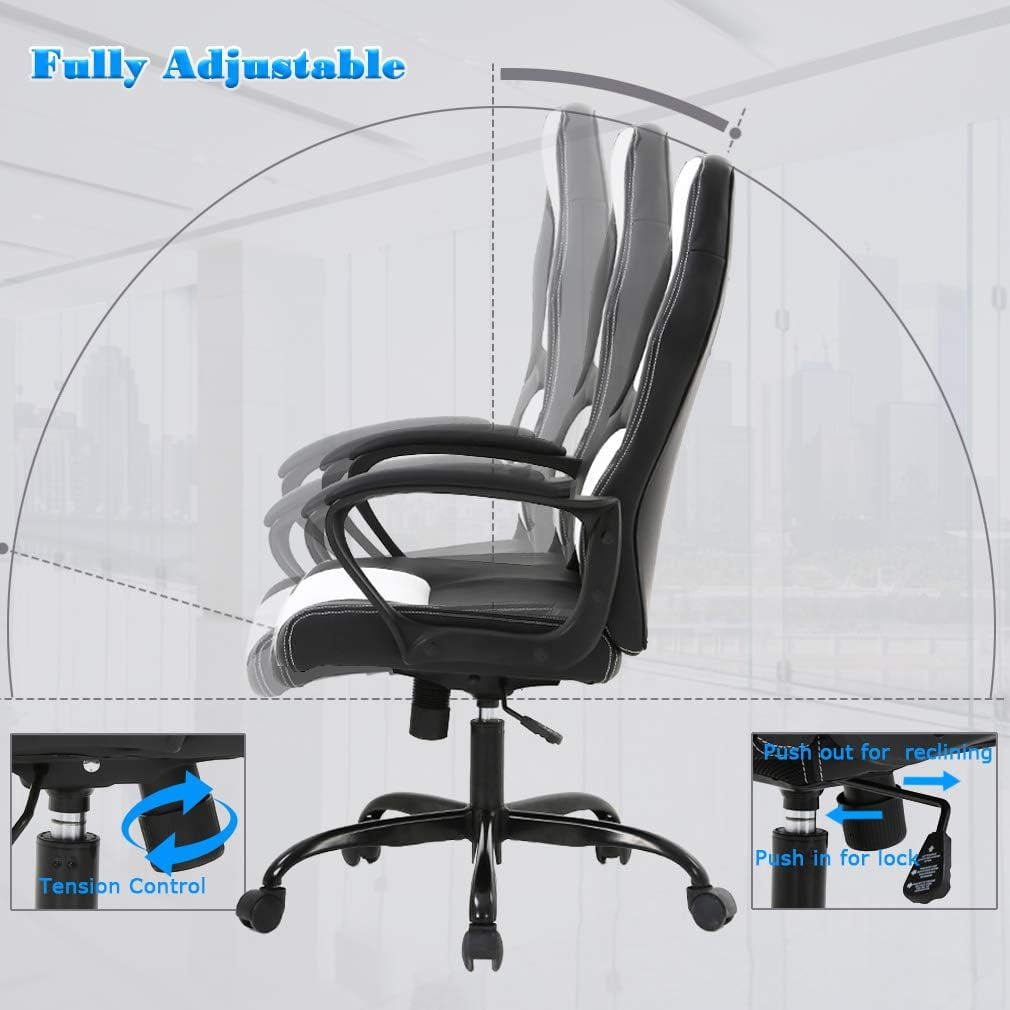 BestOffice Adult PU Leather and Mesh Racing Gaming Chair with Swivel and Lumbar Support, White