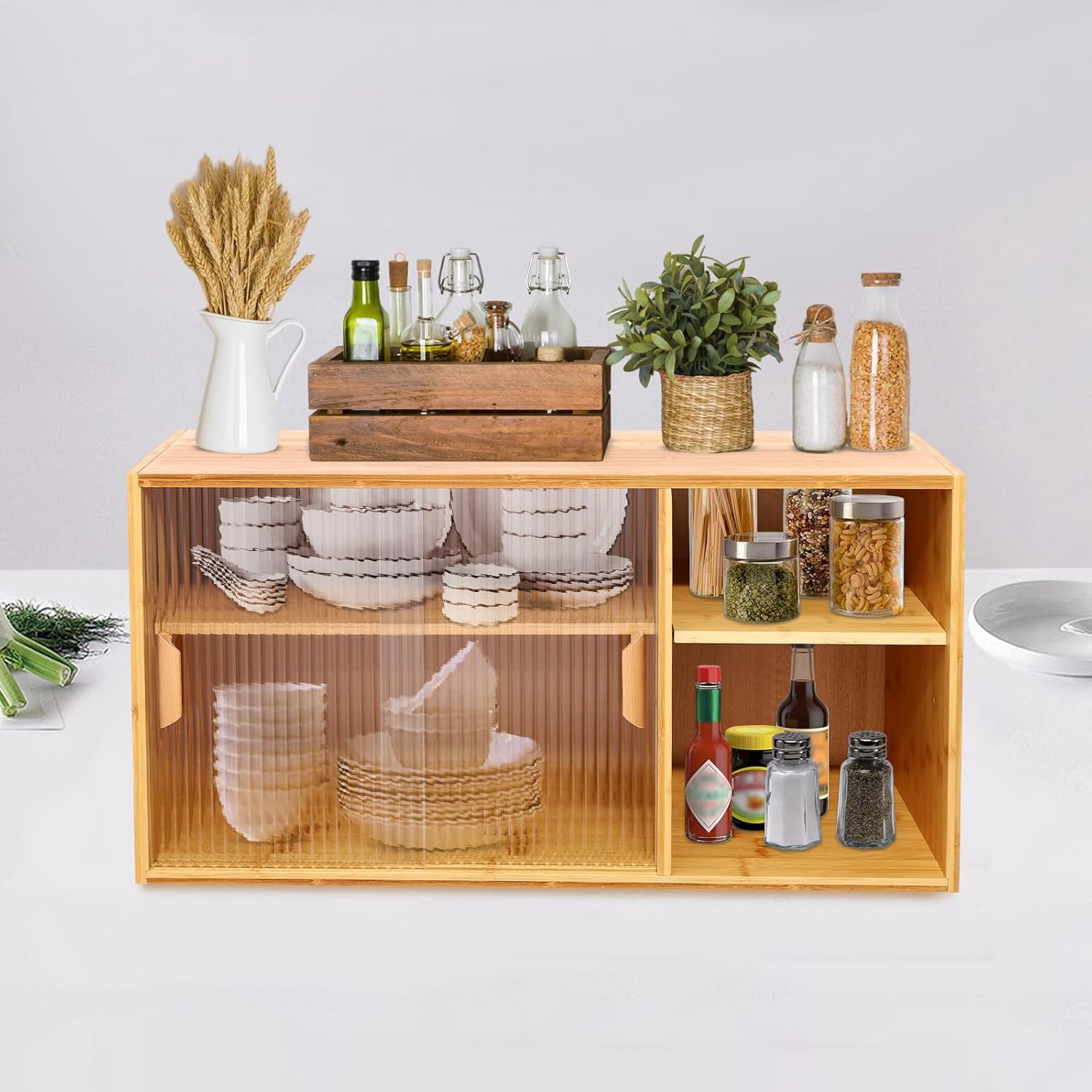 Kitchen Pantry Cabinet, Wall Mount or Countertop Sideboard with Glass Doors, 2 Tiers Rectangular Cupboard Food Pantry Cabinet for Kitchen, Dining Room, or Living Room (Log Color)