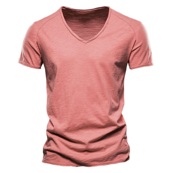 Daznico Mens Shirts - Men's Casual V Neck T Shirts Loose Fit Comfortable Stretchy Pure Color Tee for Daily Wear Tops - Shirts for Men,Color:Pink,Size:M