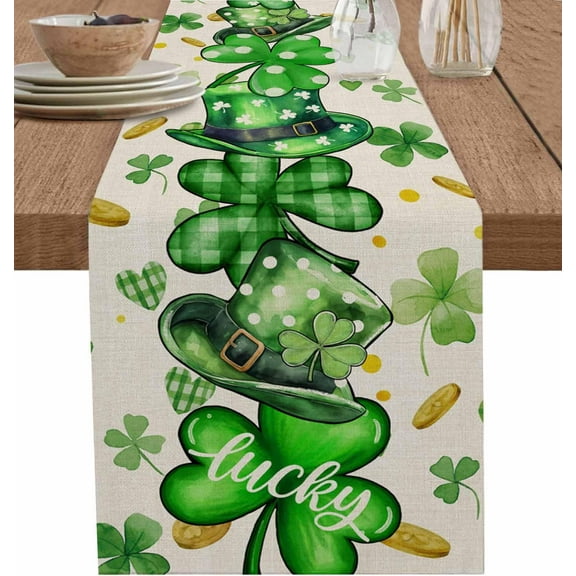 St. Patricks Day Luck Leaves Hat Table Runners - 36 Inches Long,Linen Cotton Table Runner Dresser Scarves Green Shamrocks Coin on Flax Tabletop Scarf for Dining Room Kitchen Holiday Party