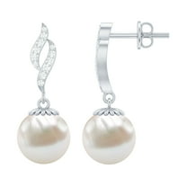 Rosec Jewels Freshwater Pearl Drop Earrings with Diamond for Women (15.25 CT, AAA Quality), 10K White Gold
