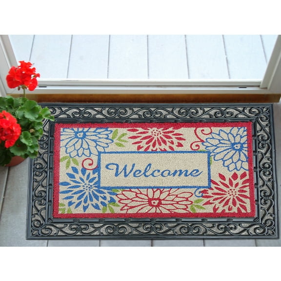 Sydney Scroll and Scarlet and Blue Mums WelcomeTray Mat and 2 Interchangeable Inserts 24" x 36"