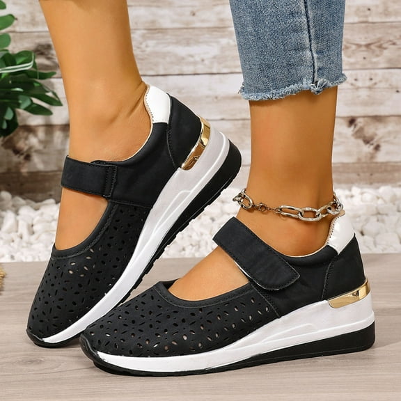 Sandals Oofos Women Sandals Women's Fashion Casual Spring And Summer Comfortable Hollow Breathable Thick Bottom Wedge Heel Round Toe Cap Toe Sandals Black