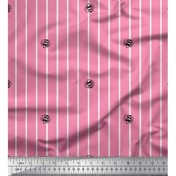 Soimoi Pink Poly Georgette Fabric Bee & Stripe Printed Fabric 1 Yard 42 Inch Wide