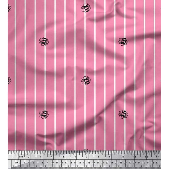 Soimoi Pink Modal Satin Fabric Bee & Stripe Print Fabric by the Yard 42 Inch Wide