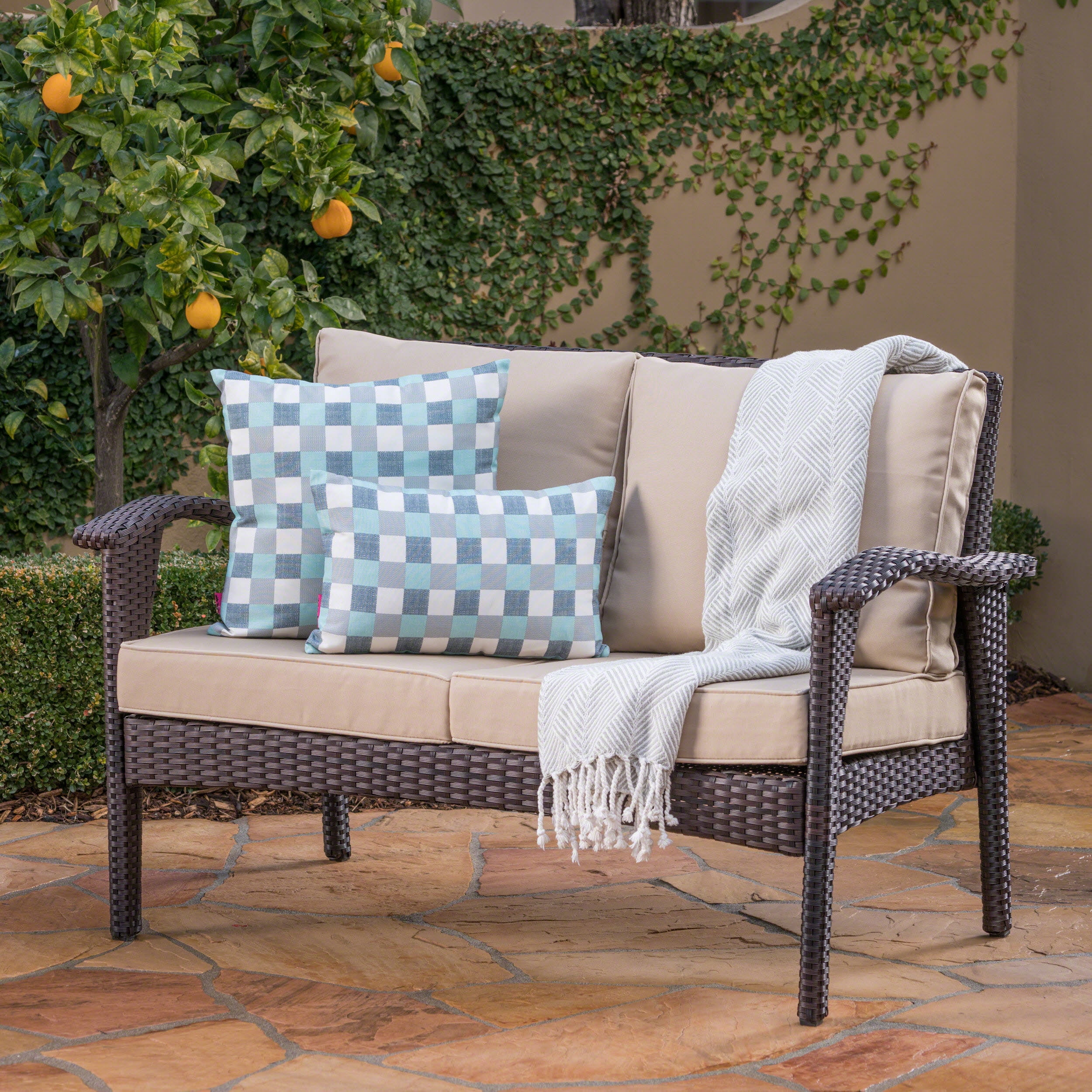 Outdoor Wicker Loveseat with Cushions, Brown,Tan
