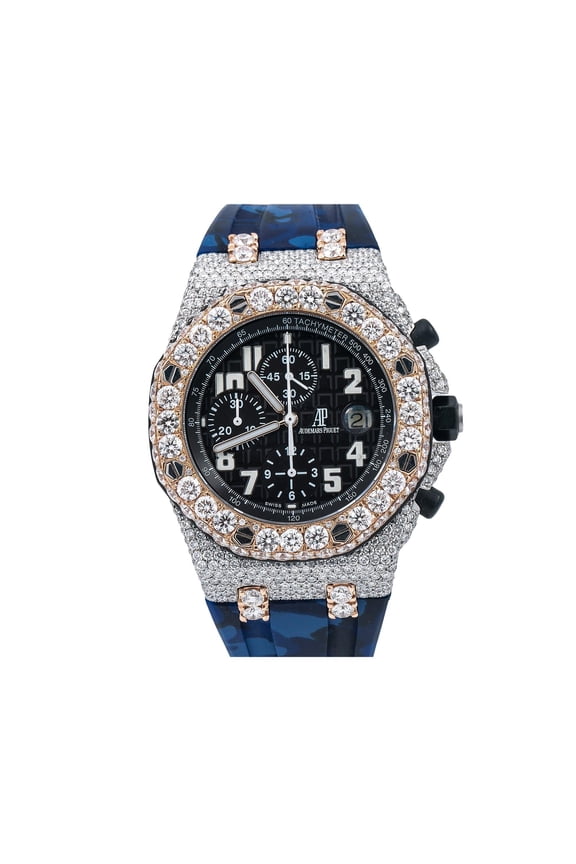 Pre-Owned Audemars Piguet Royal Oak Offshore Chronograph 42MM 26170ST Black Arabic Dial Diamond Bezel Blue Camo Rubber Band 15.75ct