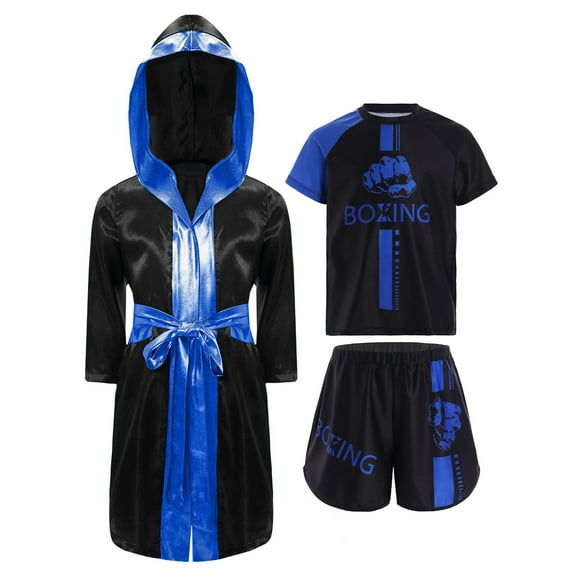 TiaoBug Kids Boys Boxing Robe Short Sleeve T-shirt and Shorts Set Boxer Fancy Dress Hooded Cloak Blue 10