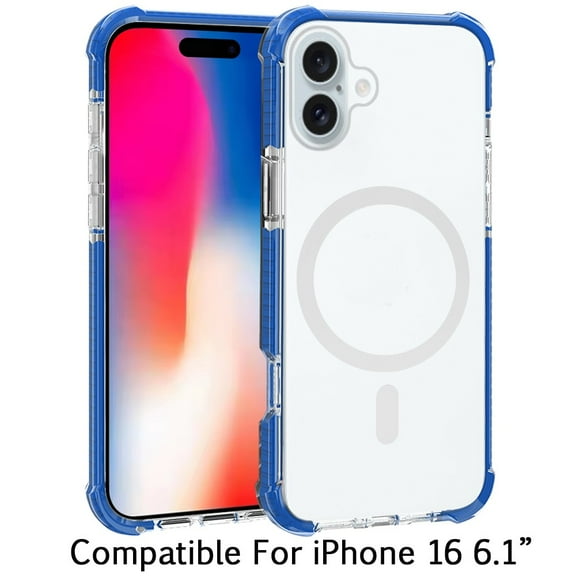 For Apple iPhone 16 (6.1") Hybrid Acrylic Transparent Hard PC   TPU Color Frame Bumper Compatible with MagSafe Cover ,Xpm Phone Case [ Clear / Blue ]