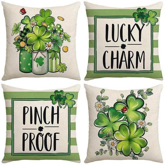 Beautynvta St. Patrick's Day Pillow Cover Set of 4, 18x18 Inch Green Irish Shamrocks Throw Pillowcase Linen Cushion Cover for Couch Sofa Living Room Home Decor