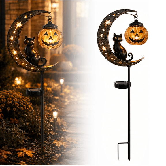1PCS Solar Halloween Black Cat & Pumpkin Moon Garden Stake Light, Waterproof LED pathway light, outdoor seasonal yard decor