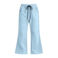 thumbnail image 2 of Girls Drawstring Elastic Waist Wide Leg Sweatpants, Solid Color Soft Stretch Kids Bell Bottom Jogger Trousers for Spring Autumn Daily Casual School Wear(Light Blue,7-8 Years), 2 of 4