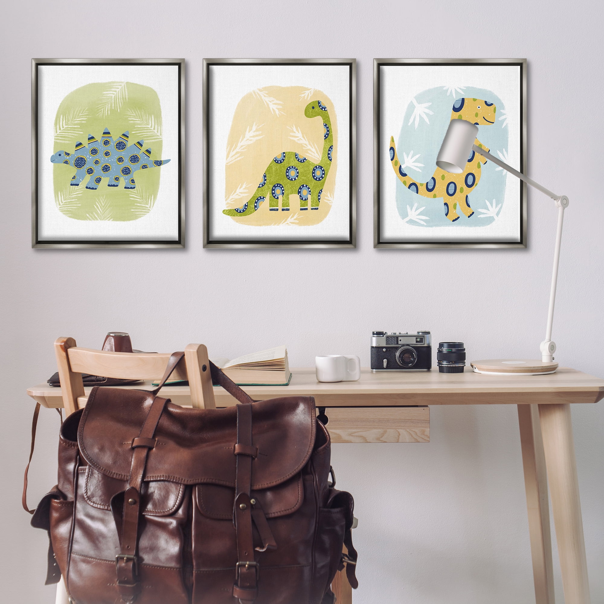 Stupell Industries Three Patterned Dinosaurs Animals Painting Gray Floater Framed Canvas Art Print Wall Art, 25 x 31, Set of 3